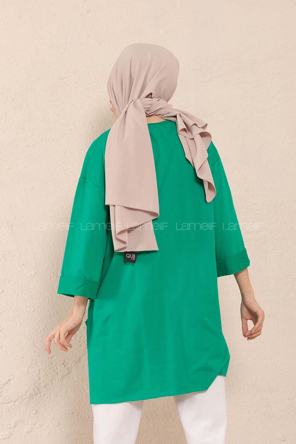 Modalamelif Düz Renk Fakir Kol Sweatshirt Yeşil