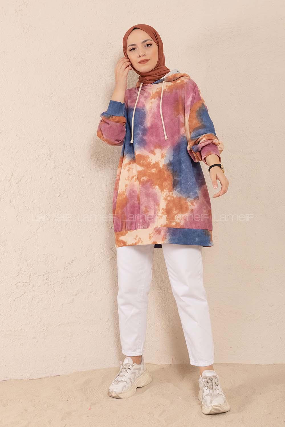 Modalamelif Kapşonlu Batik Desen Sweatshirt Mor