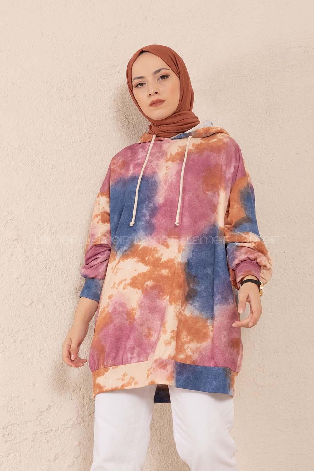 Modalamelif Kapşonlu Batik Desen Sweatshirt Mor
