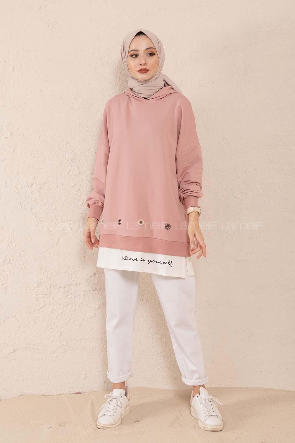 Modalamelif Kuşgözlü Etek Garnili Tunik Pudra