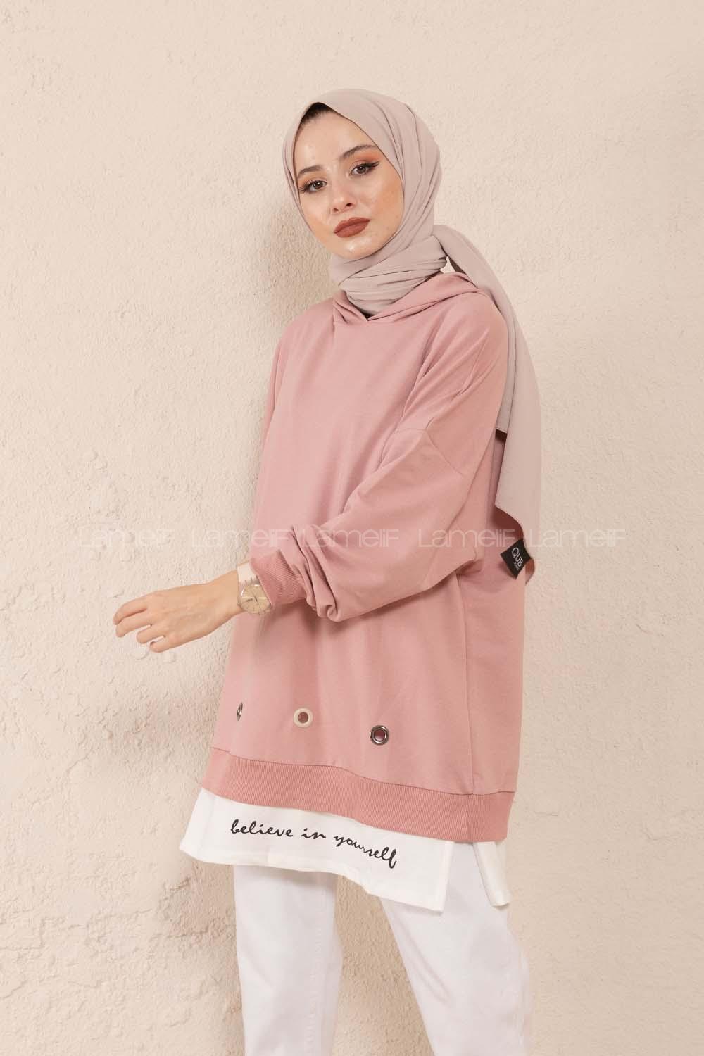 Modalamelif Kuşgözlü Etek Garnili Tunik Pudra