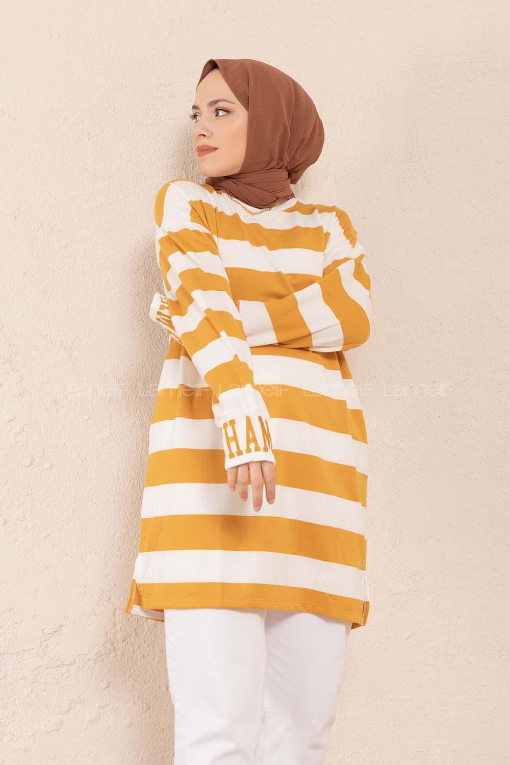 Modalamelif Manşet Nakışlı Çizgili Tunik Hardal Sarısı