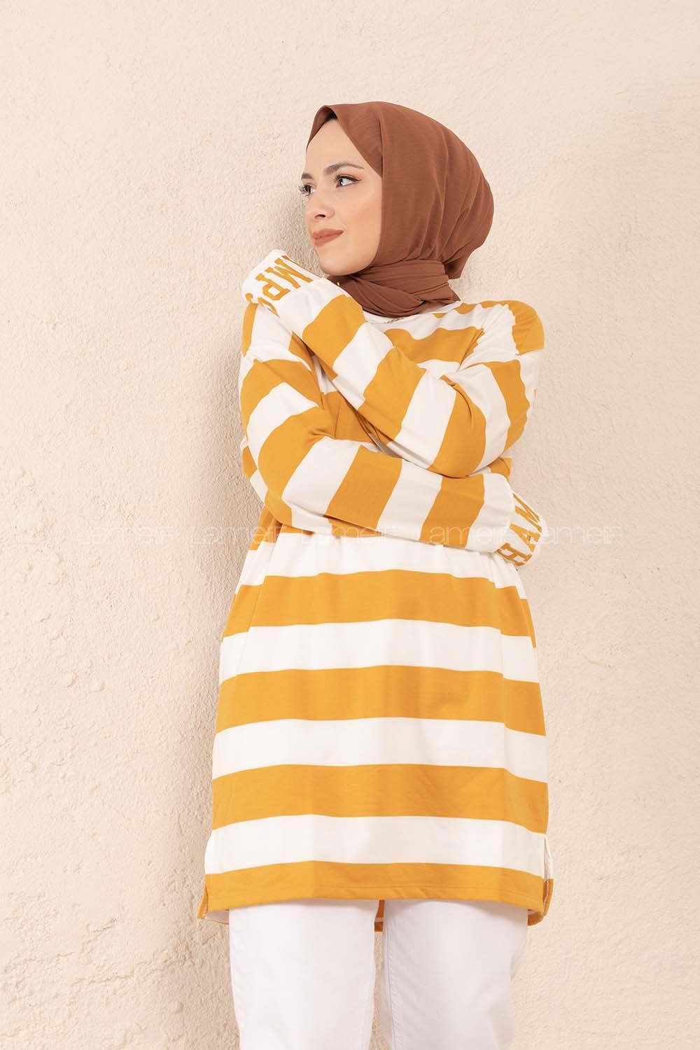 Modalamelif Manşet Nakışlı Çizgili Tunik Hardal Sarısı