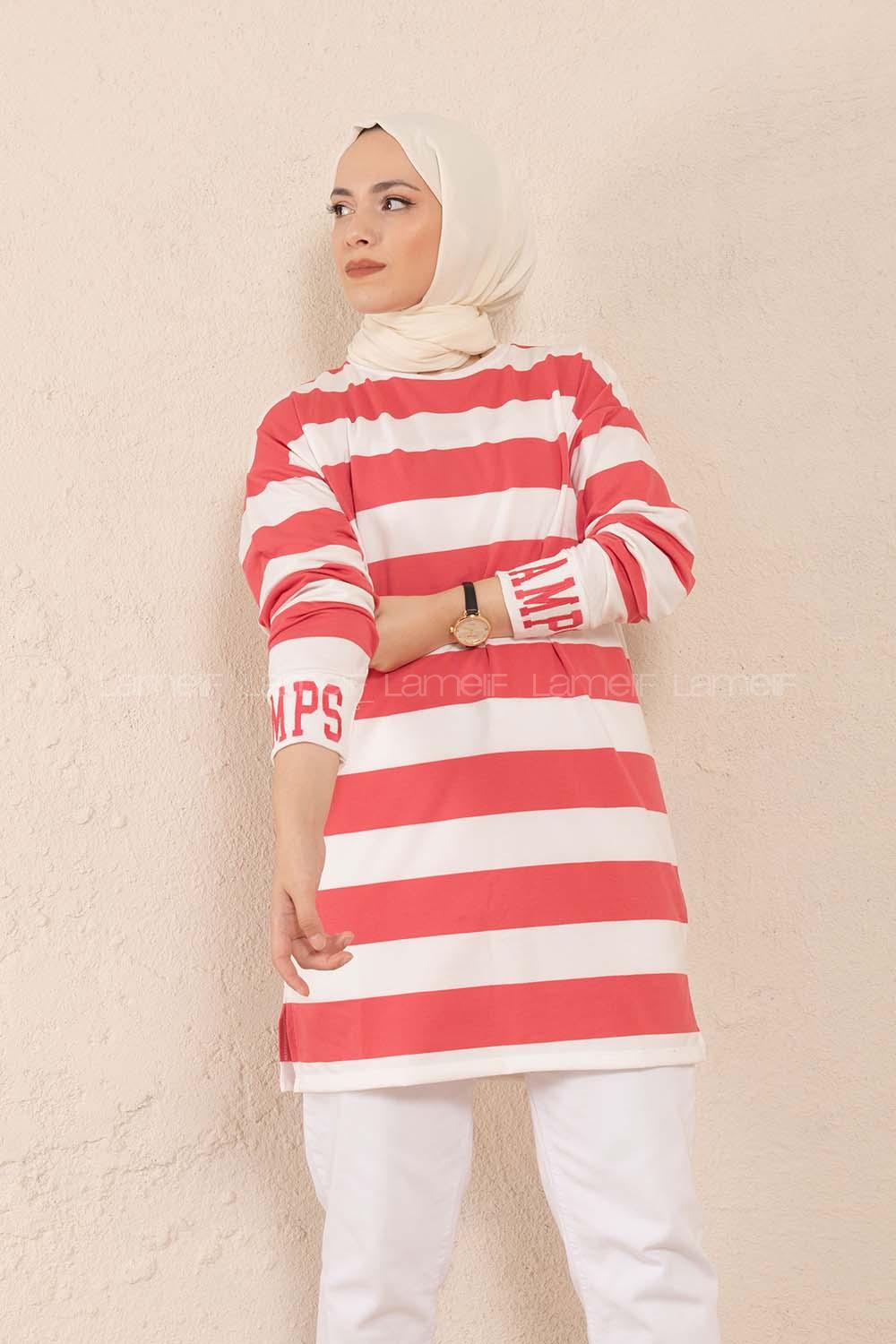 Modalamelif Manşet Nakışlı Çizgili Tunik Koyu Pembe