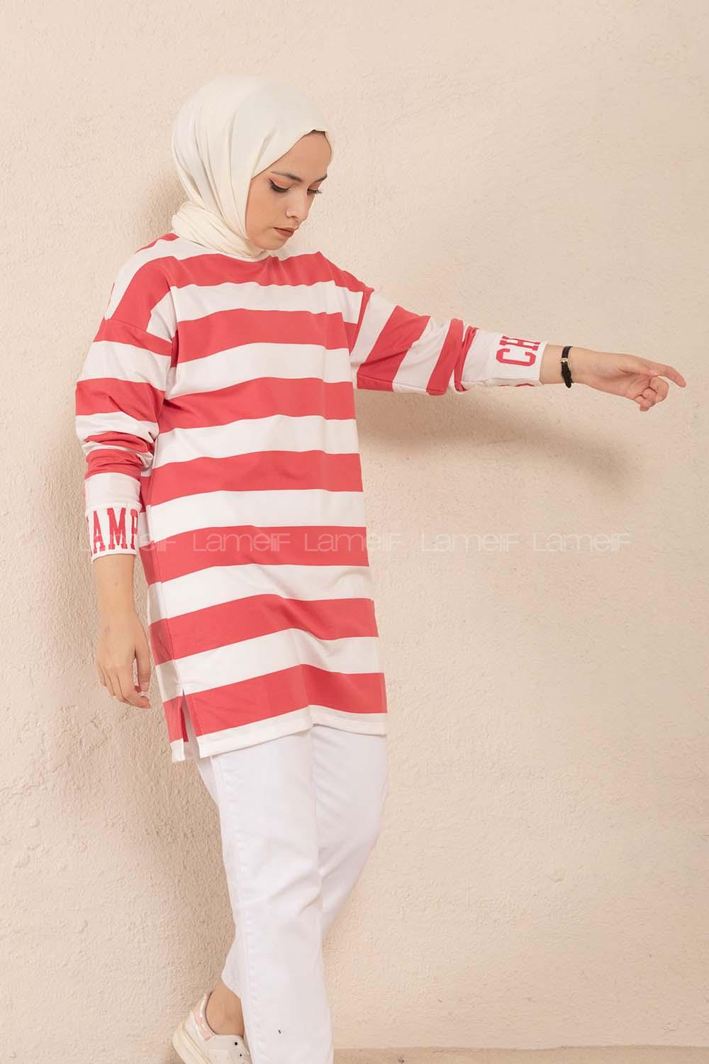 Modalamelif Manşet Nakışlı Çizgili Tunik Koyu Pembe