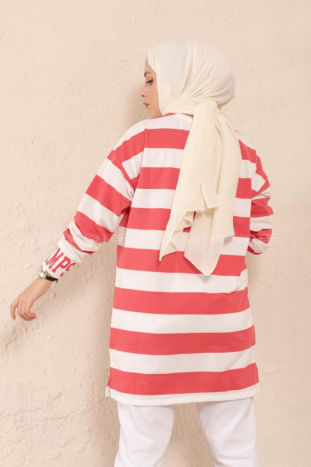 Modalamelif Manşet Nakışlı Çizgili Tunik Koyu Pembe