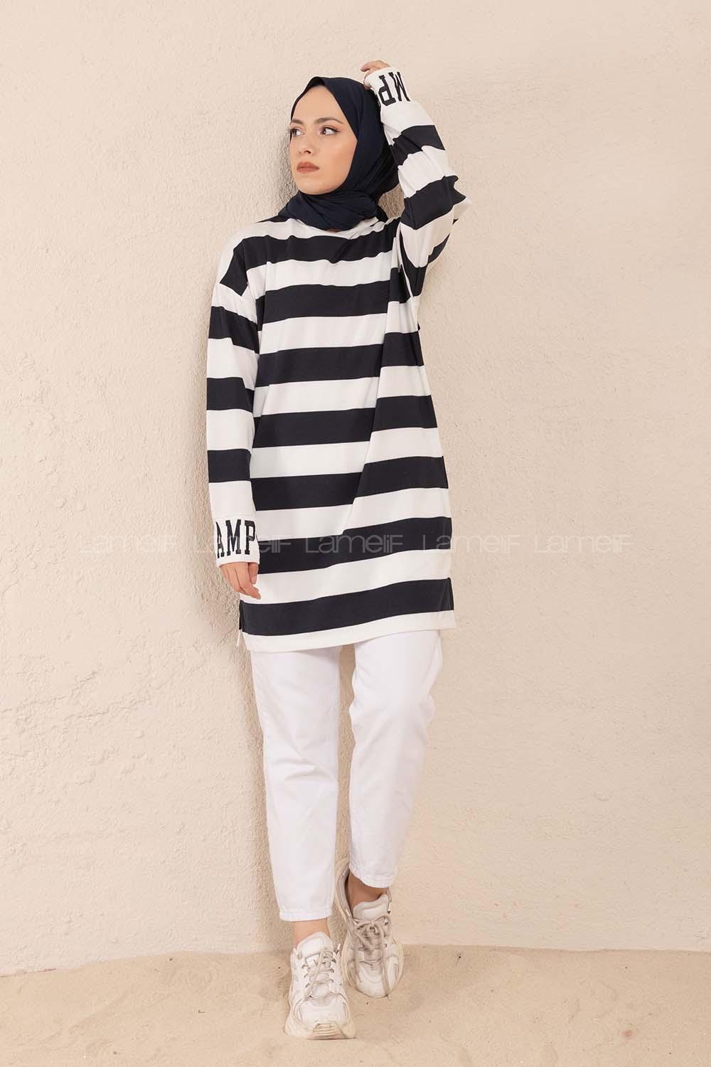 Modalamelif Manşet Nakışlı Çizgili Tunik Siyah