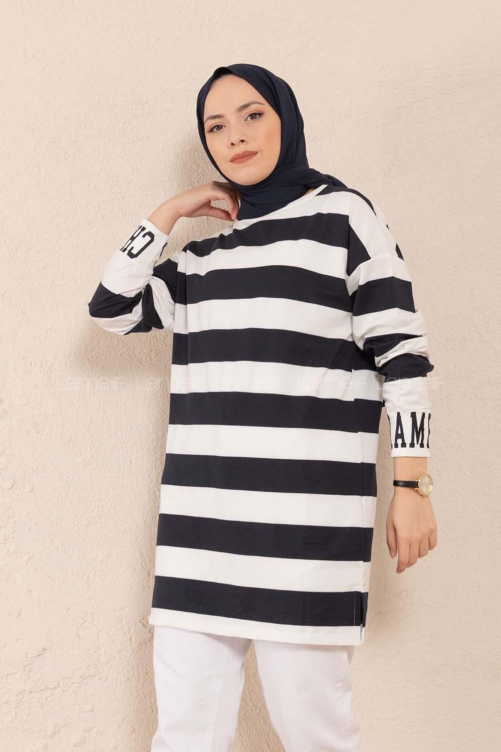 Modalamelif Manşet Nakışlı Çizgili Tunik Siyah