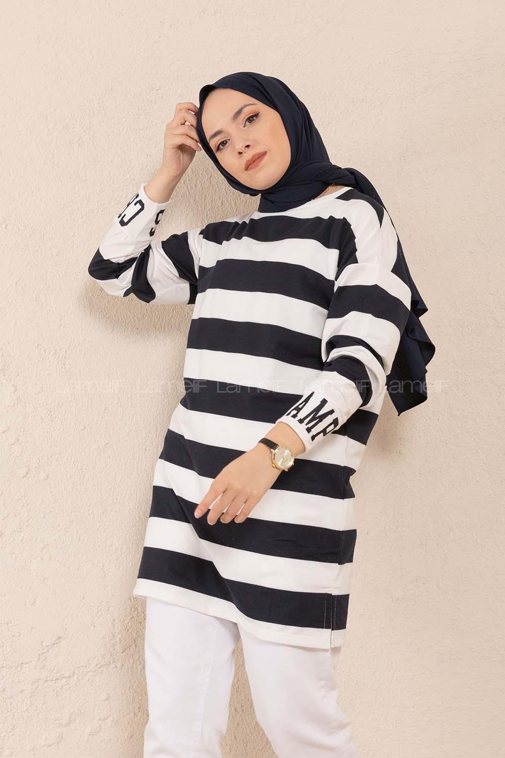 Modalamelif Manşet Nakışlı Çizgili Tunik Siyah