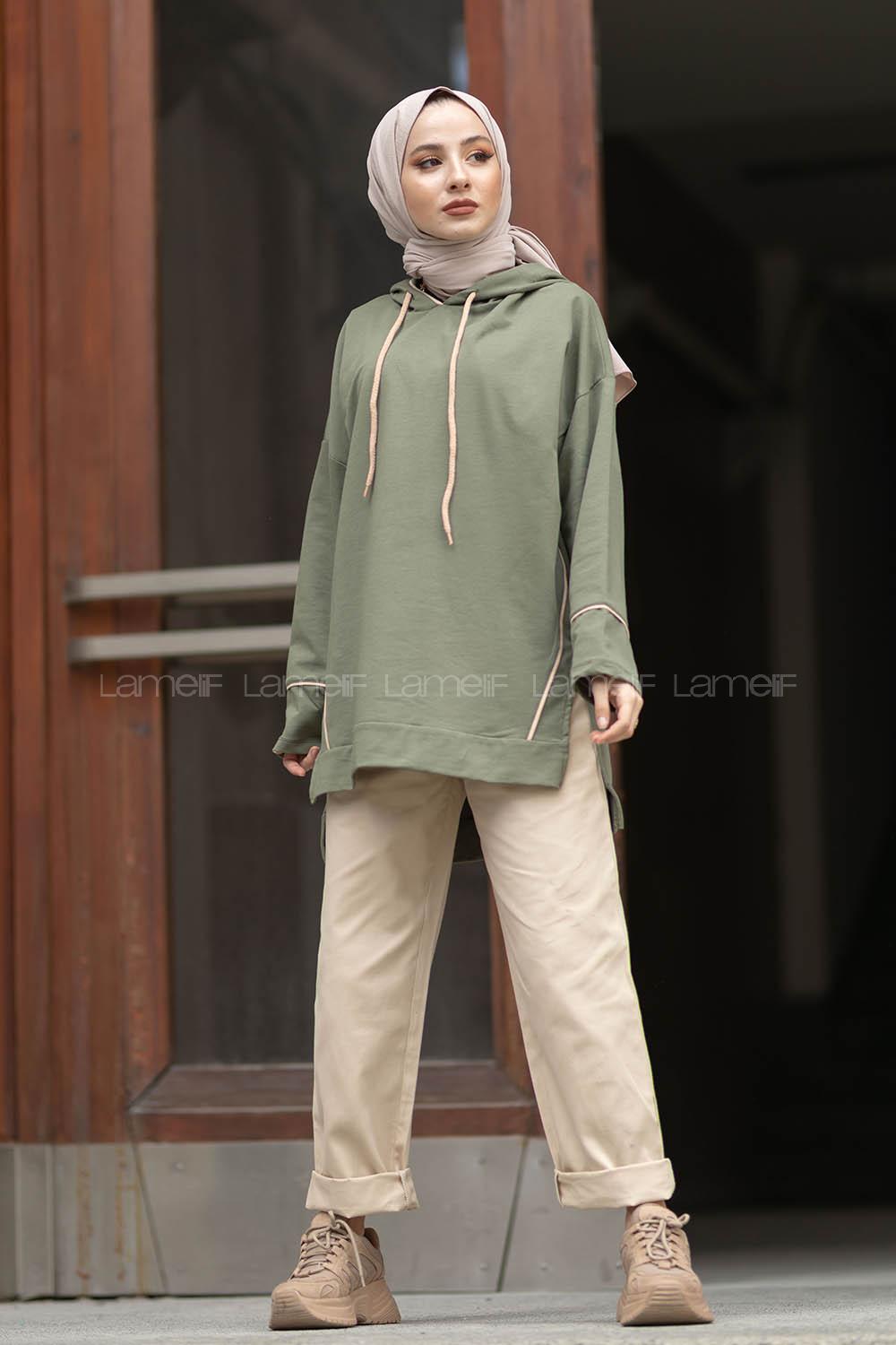 Modalamelif Ara Biyeli Kapşonlu Sweatshirt Haki