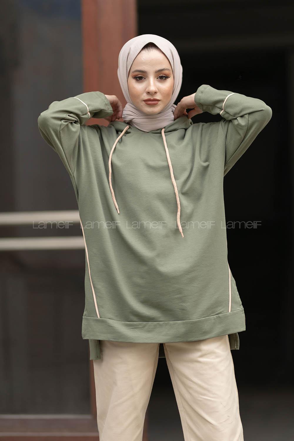 Modalamelif Ara Biyeli Kapşonlu Sweatshirt Haki