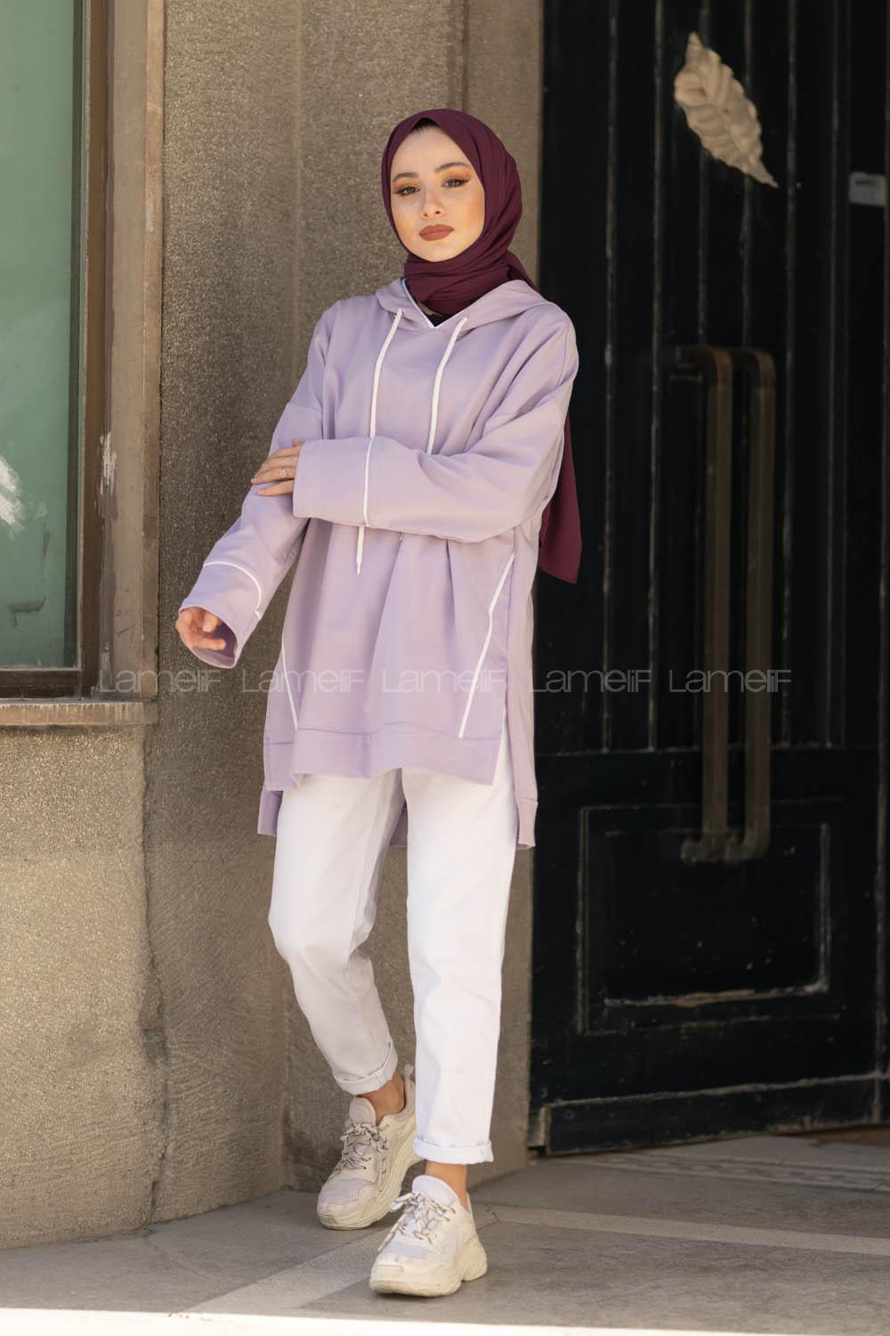 Modalamelif Ara Biyeli Kapşonlu Sweatshirt Lila