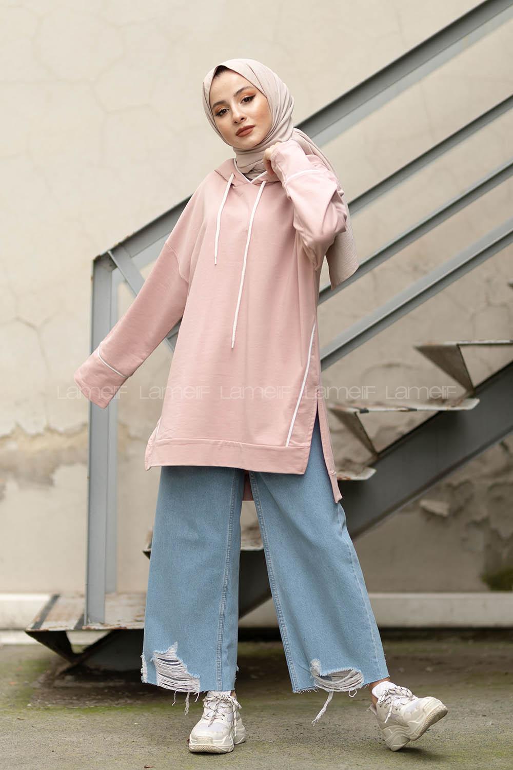 Modalamelif Ara Biyeli Kapşonlu Sweatshirt Pudra