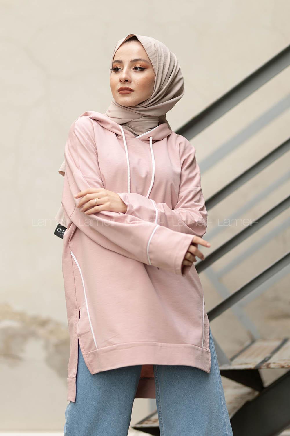 Modalamelif Ara Biyeli Kapşonlu Sweatshirt Pudra