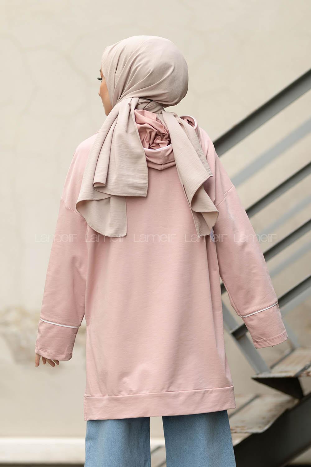 Modalamelif Ara Biyeli Kapşonlu Sweatshirt Pudra