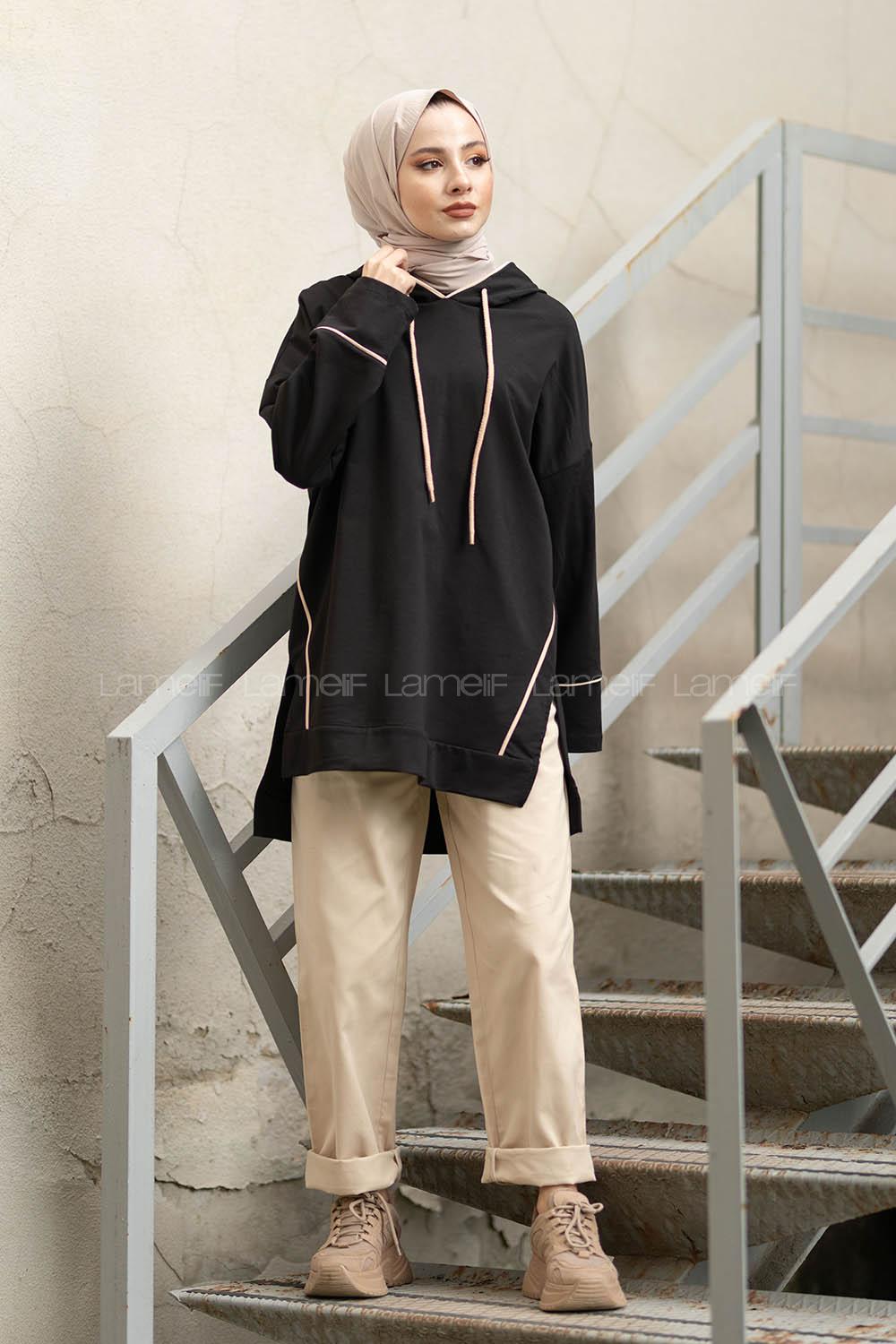 Modalamelif Ara Biyeli Kapşonlu Sweatshirt Siyah