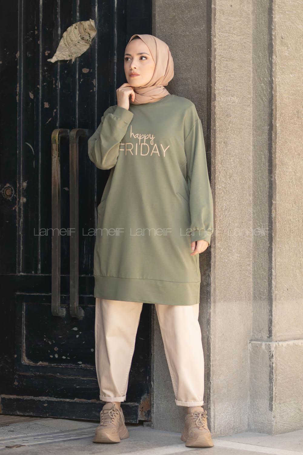 Modalamelif Happy Friday Baskılı Sweatshirt Haki