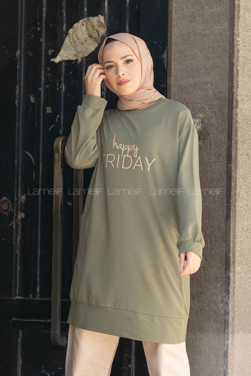 Modalamelif Happy Friday Baskılı Sweatshirt Haki