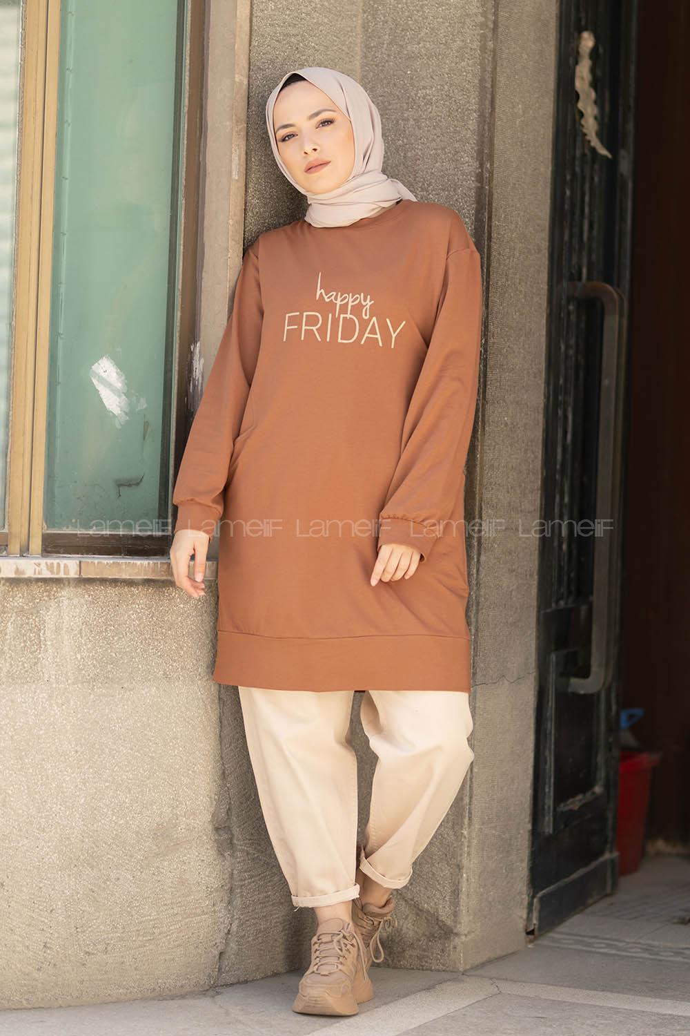 Modalamelif Happy Friday Baskılı Sweatshirt Kahverengi