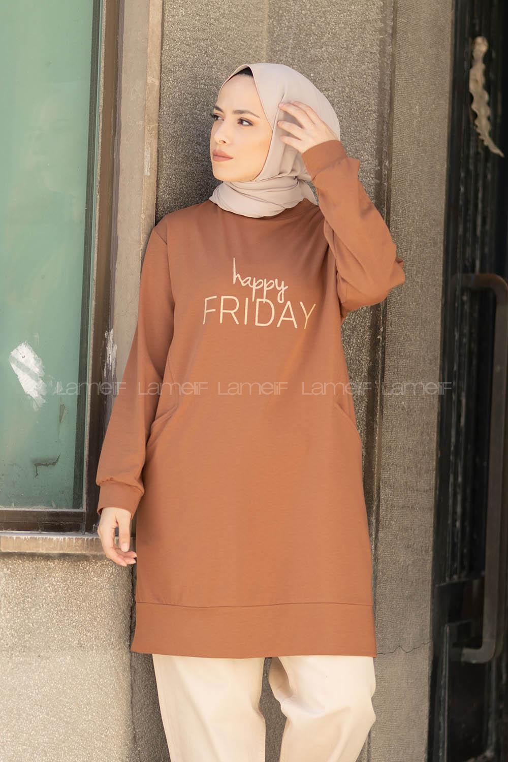 Modalamelif Happy Friday Baskılı Sweatshirt Kahverengi