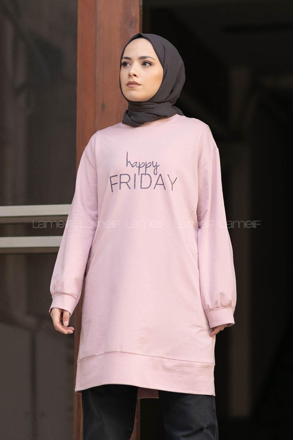 Modalamelif Happy Friday Baskılı Sweatshirt Pudra