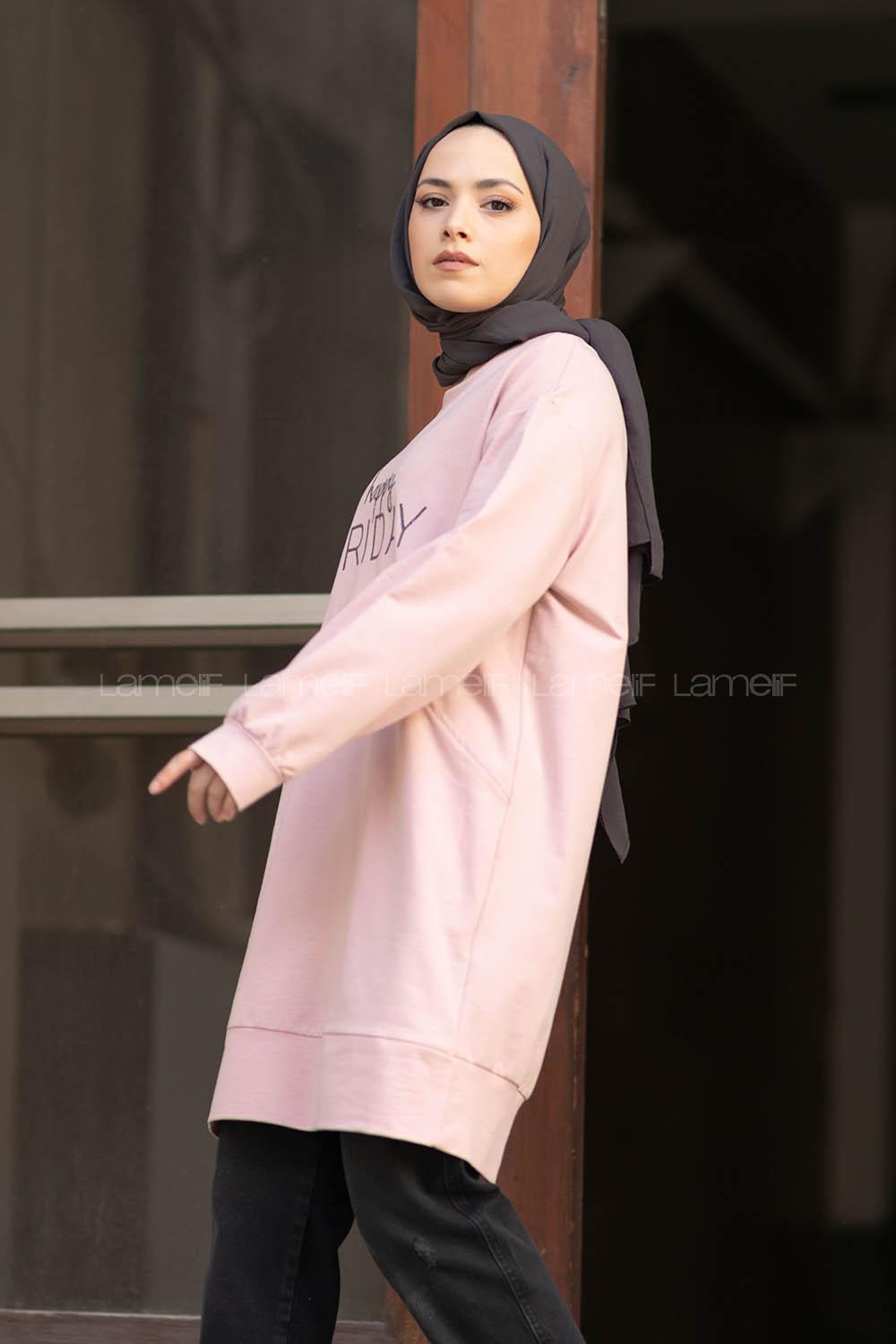 Modalamelif Happy Friday Baskılı Sweatshirt Pudra