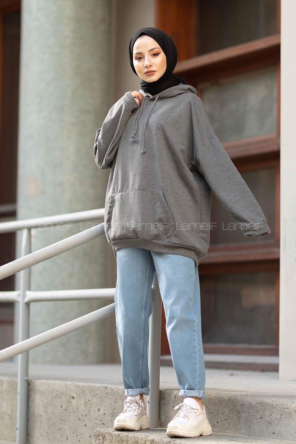 Modalamelif İki İplik Kapşonlu Sweatshirt Antrasit