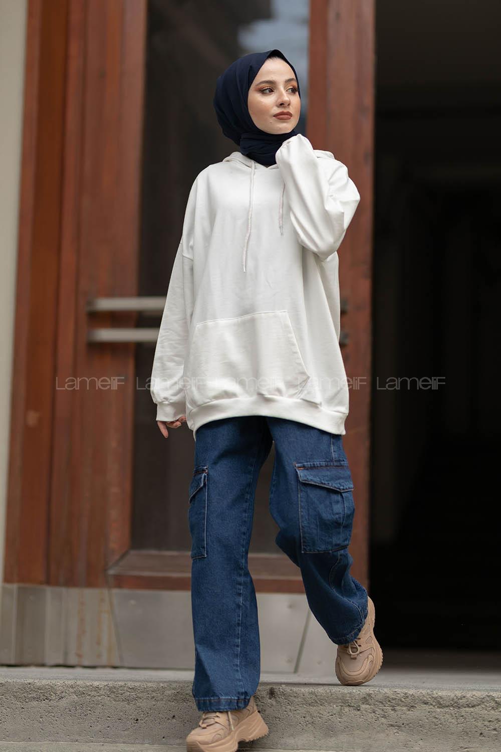 Modalamelif İki İplik Kapşonlu Sweatshirt Ekru