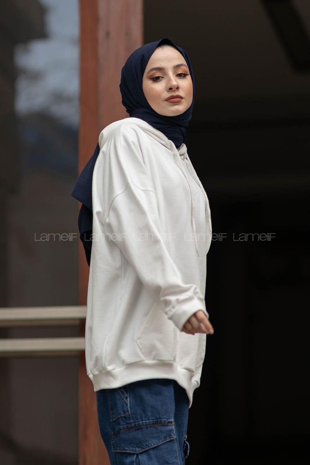 Modalamelif İki İplik Kapşonlu Sweatshirt Ekru