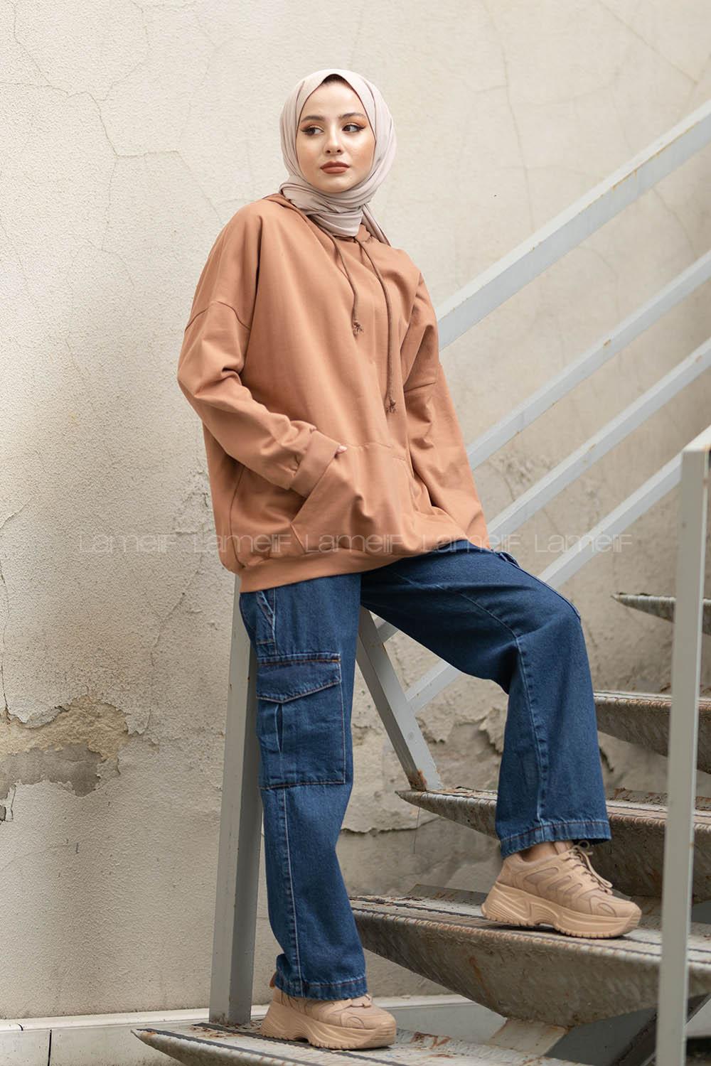 Modalamelif İki İplik Kapşonlu Sweatshirt Kahve