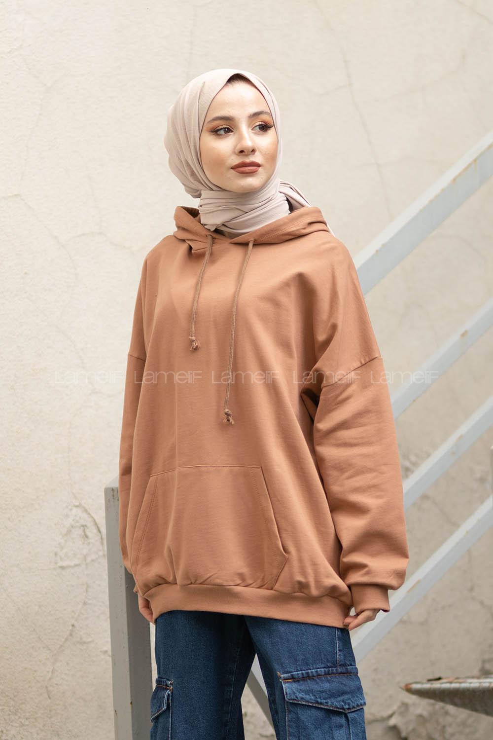 Modalamelif İki İplik Kapşonlu Sweatshirt Kahve