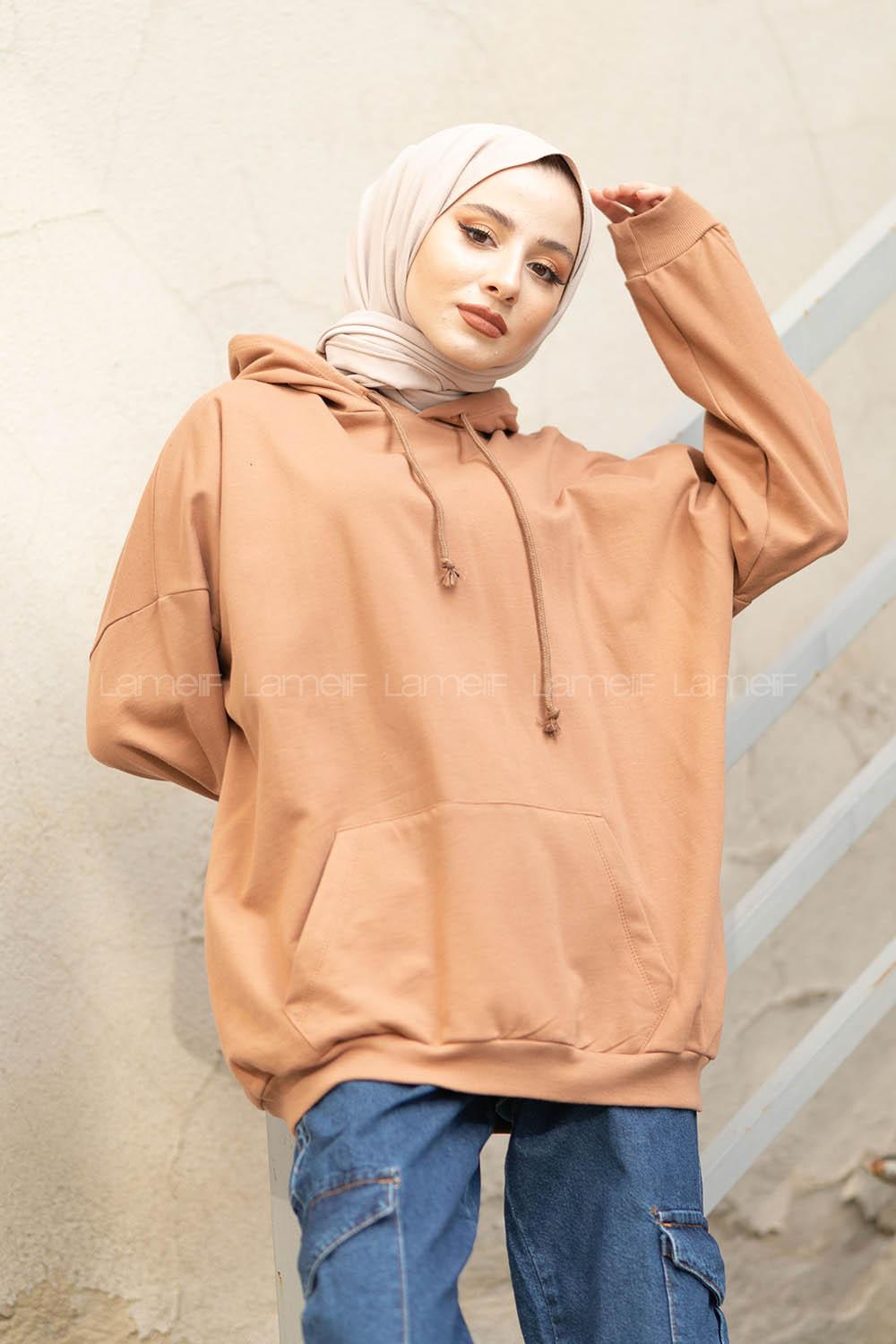 Modalamelif İki İplik Kapşonlu Sweatshirt Kahve