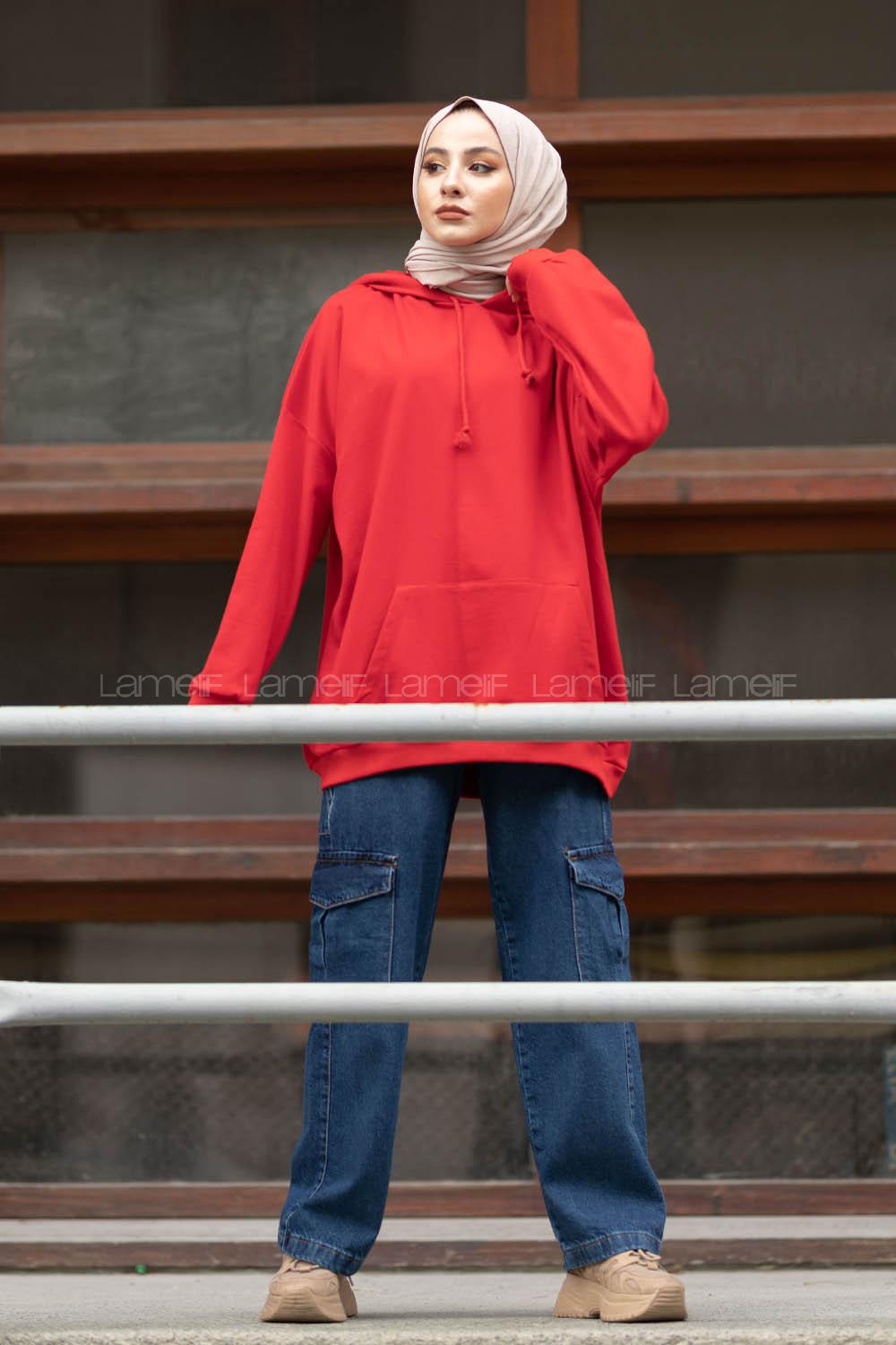 Modalamelif İki İplik Kapşonlu Sweatshirt Kırmızı