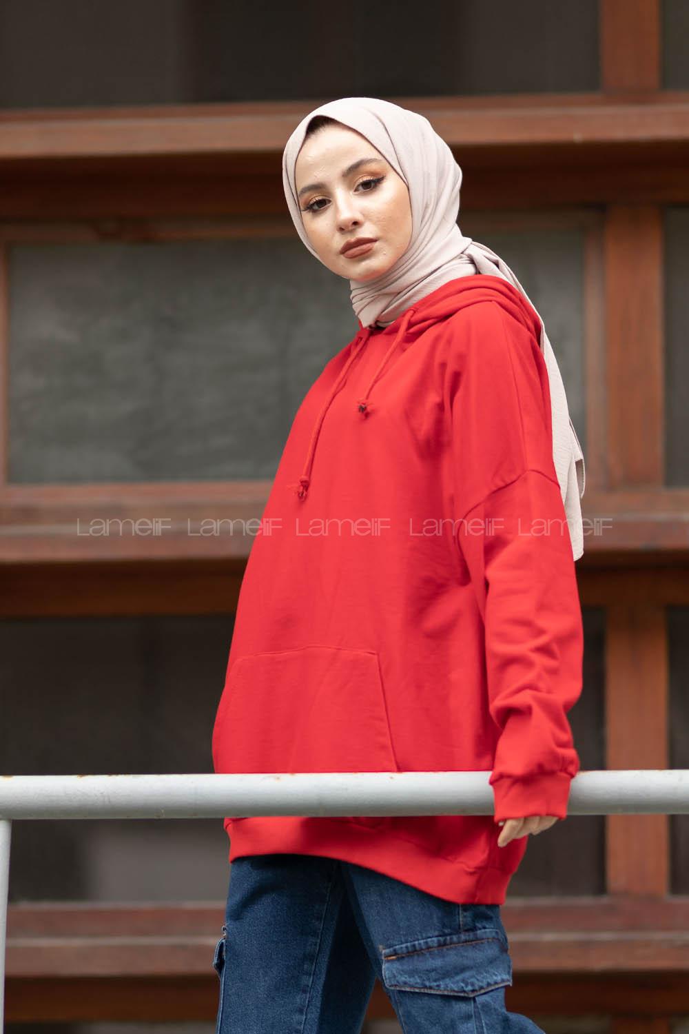 Modalamelif İki İplik Kapşonlu Sweatshirt Kırmızı