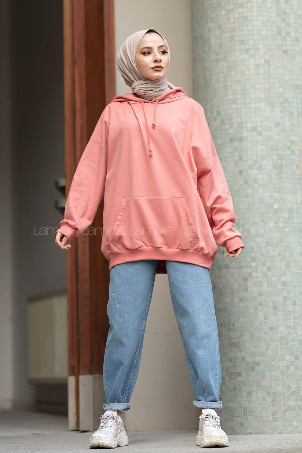 Modalamelif İki İplik Kapşonlu Sweatshirt Pudra