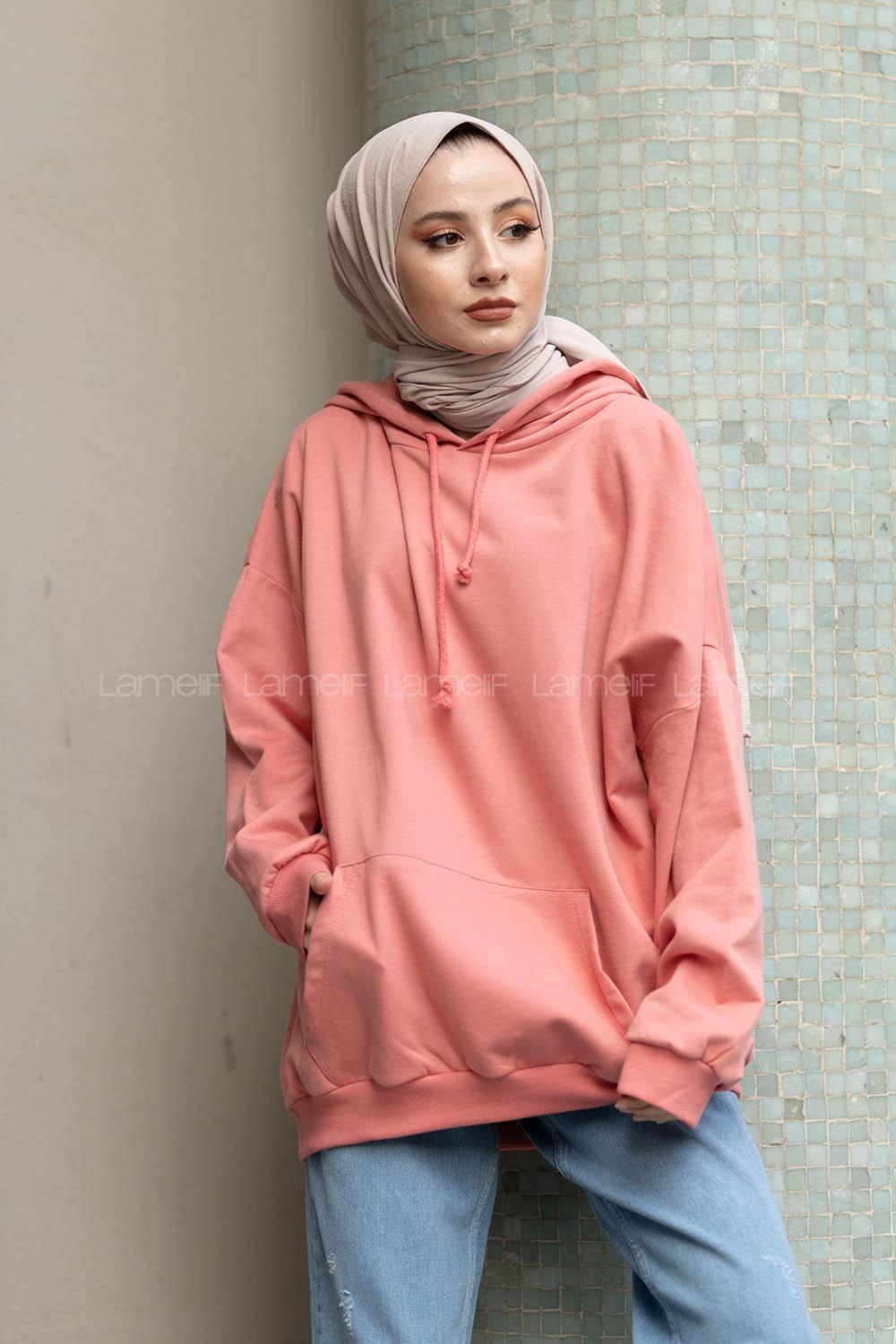 Modalamelif İki İplik Kapşonlu Sweatshirt Pudra