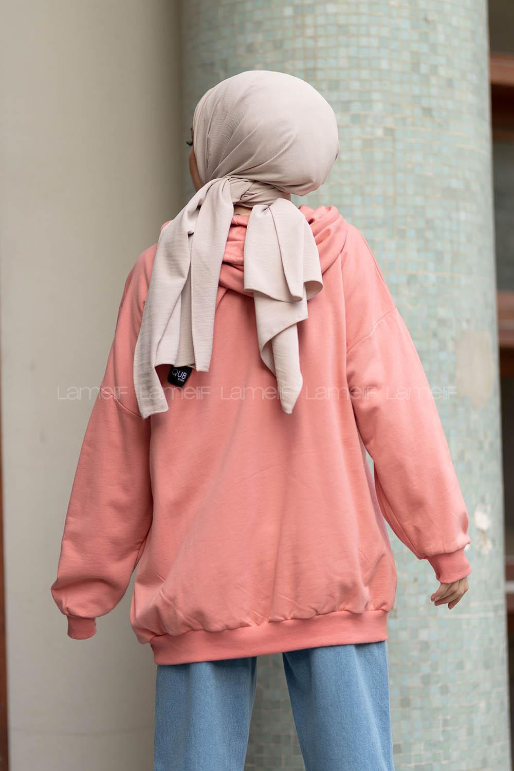 Modalamelif İki İplik Kapşonlu Sweatshirt Pudra