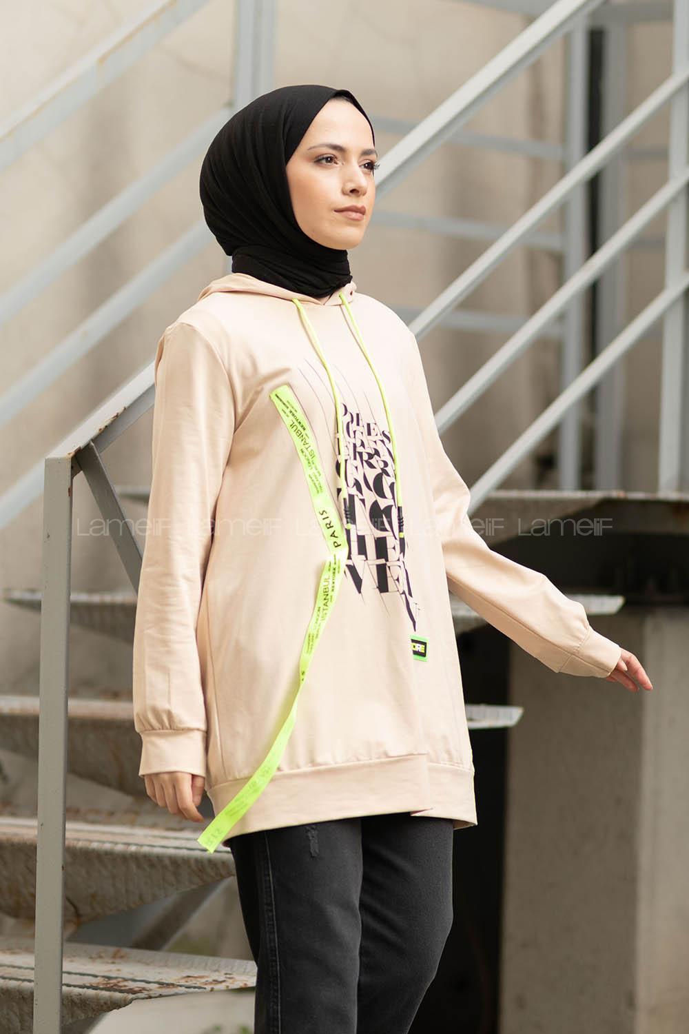 Modalamelif Neon Şeritli Baskılı Sweatshirt Bej