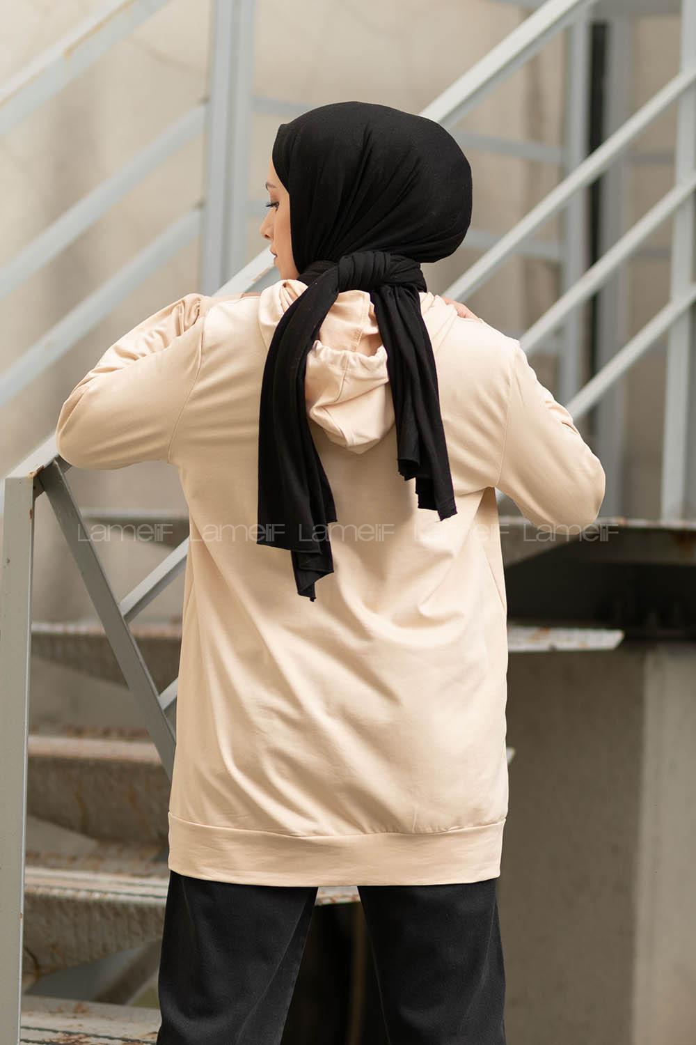 Modalamelif Neon Şeritli Baskılı Sweatshirt Bej