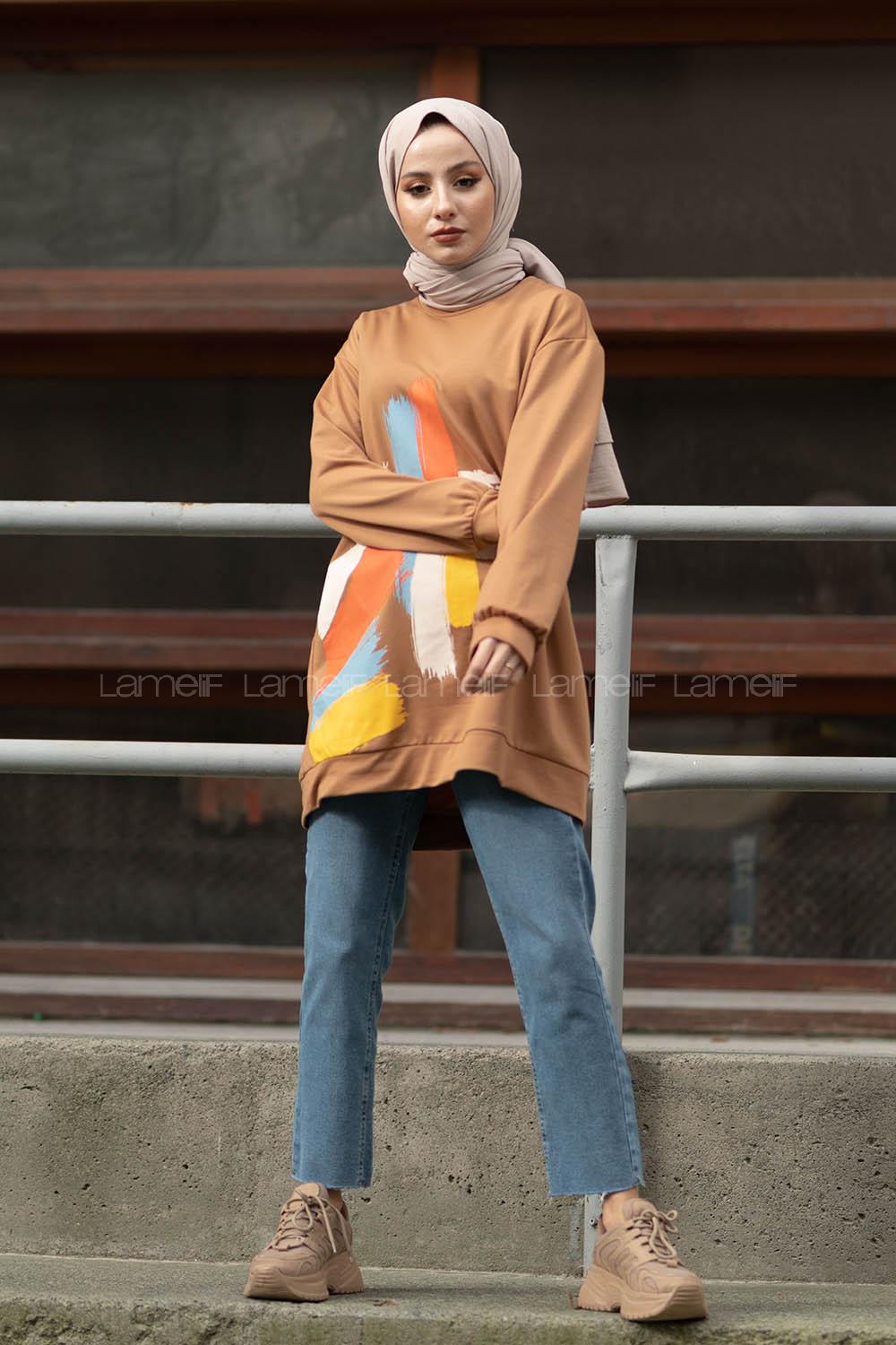 Modalamelif Önü Baskılı Sweatshirt Camel