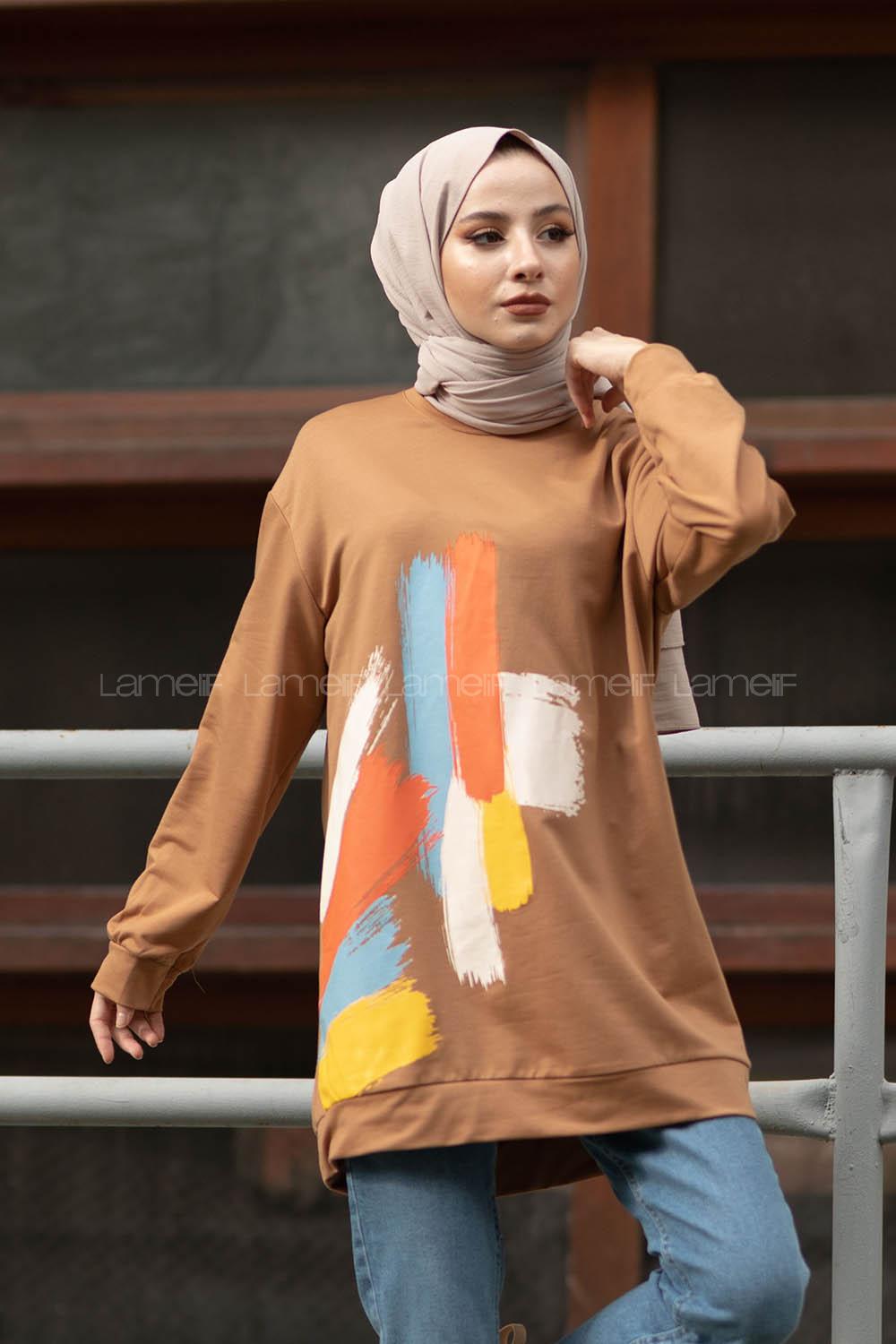 Modalamelif Önü Baskılı Sweatshirt Camel