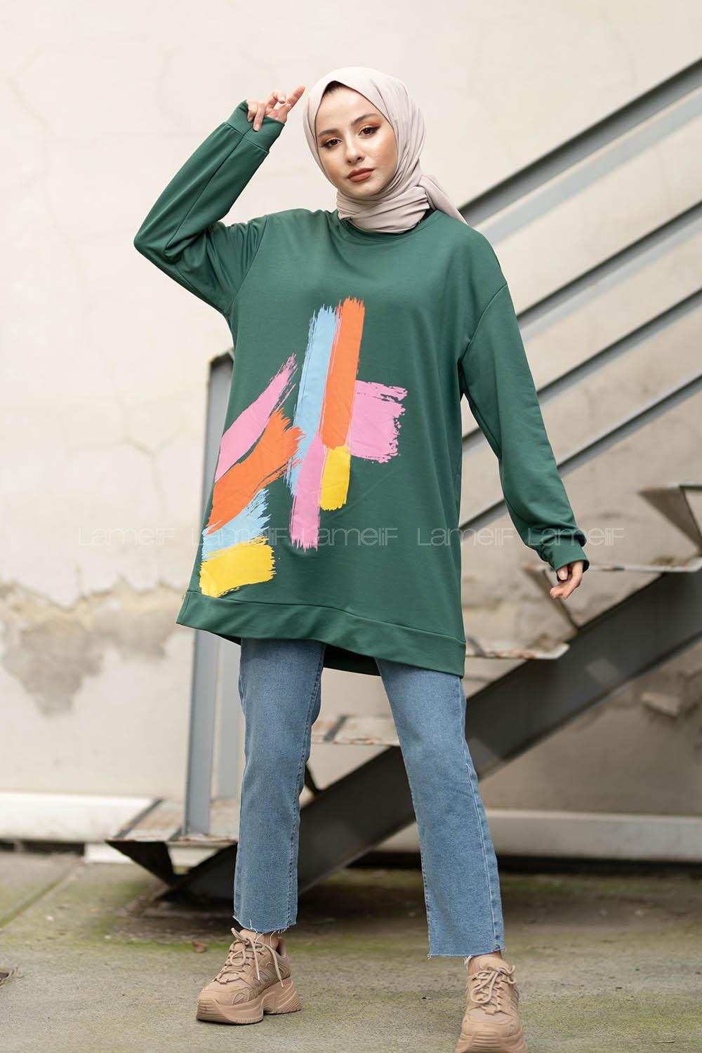 Modalamelif Önü Baskılı Sweatshirt Zümrüt Yeşili