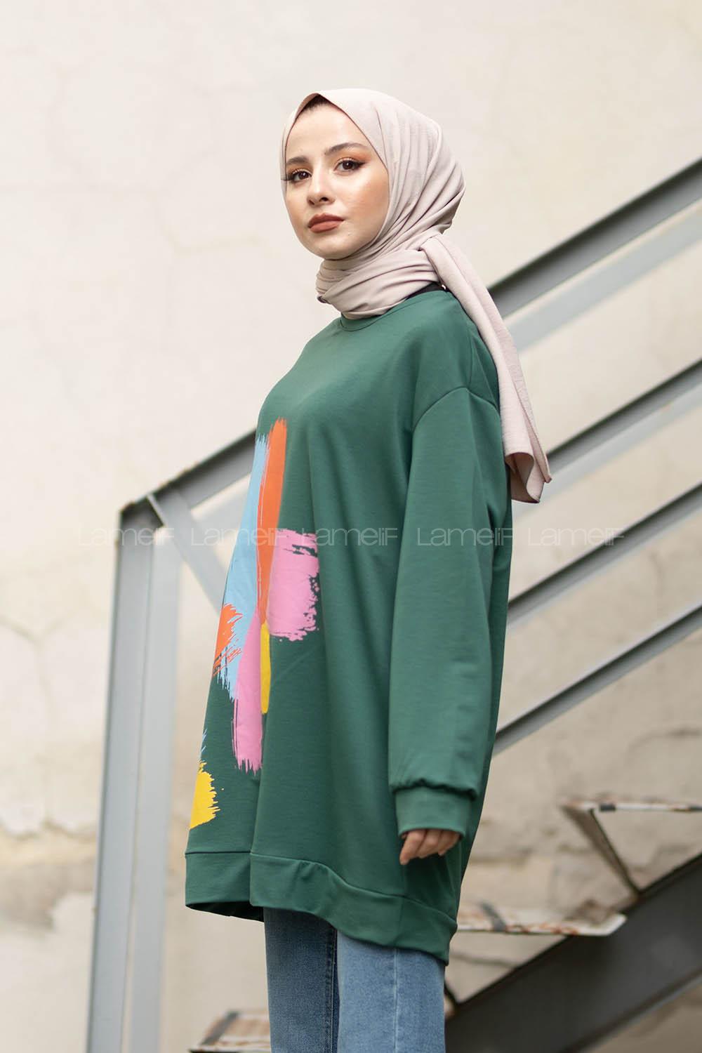 Modalamelif Önü Baskılı Sweatshirt Zümrüt Yeşili