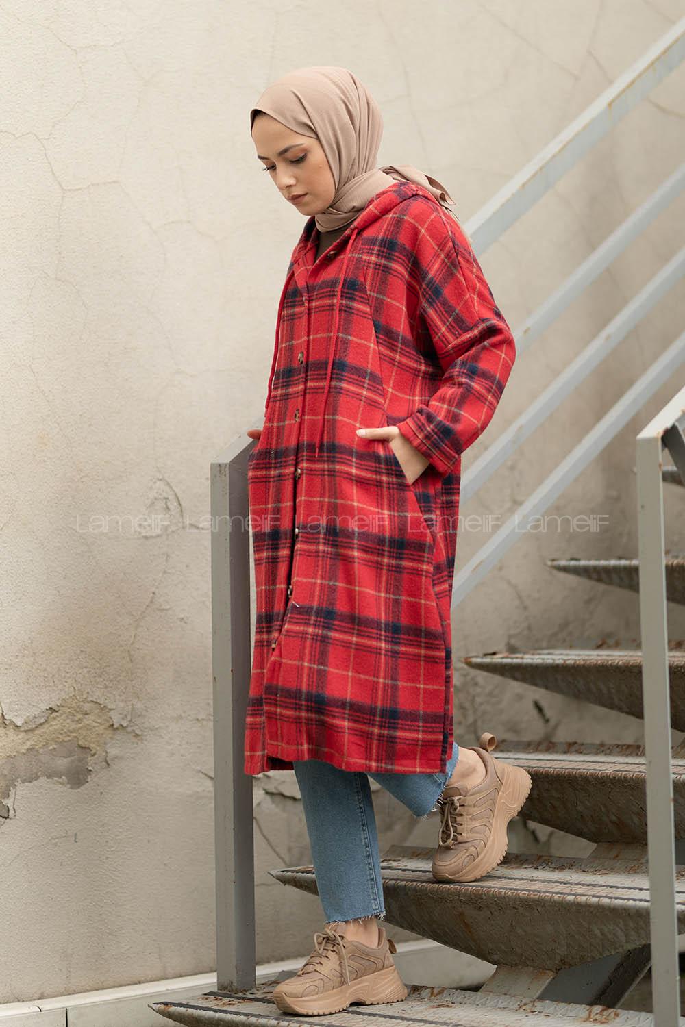 Modalamelif Reglan Kol Kapşonlu Ekose Kap Kırmızı Lacivert