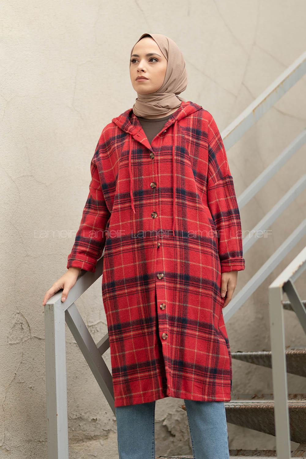 Modalamelif Reglan Kol Kapşonlu Ekose Kap Kırmızı Lacivert