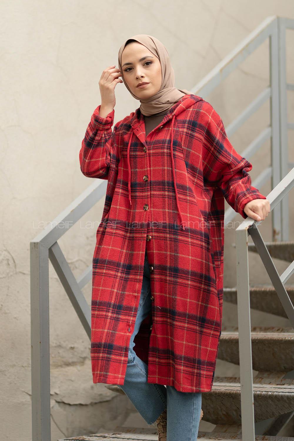 Modalamelif Reglan Kol Kapşonlu Ekose Kap Kırmızı Lacivert