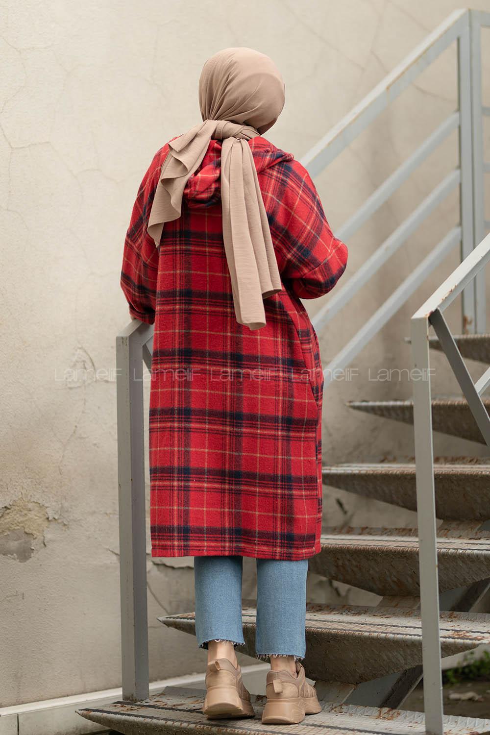 Modalamelif Reglan Kol Kapşonlu Ekose Kap Kırmızı Lacivert