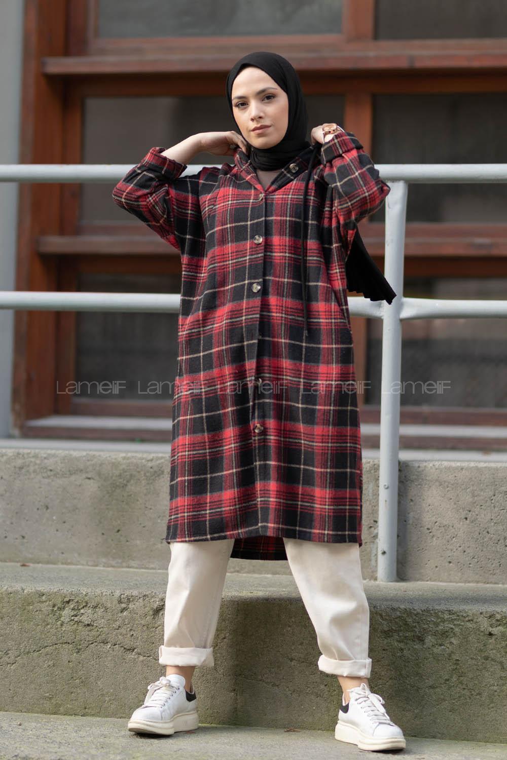 Modalamelif Reglan Kol Kapşonlu Ekose Kap Siyah Kırmızı