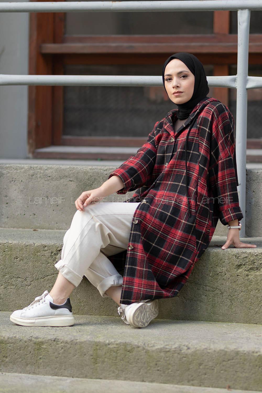 Modalamelif Reglan Kol Kapşonlu Ekose Kap Siyah Kırmızı