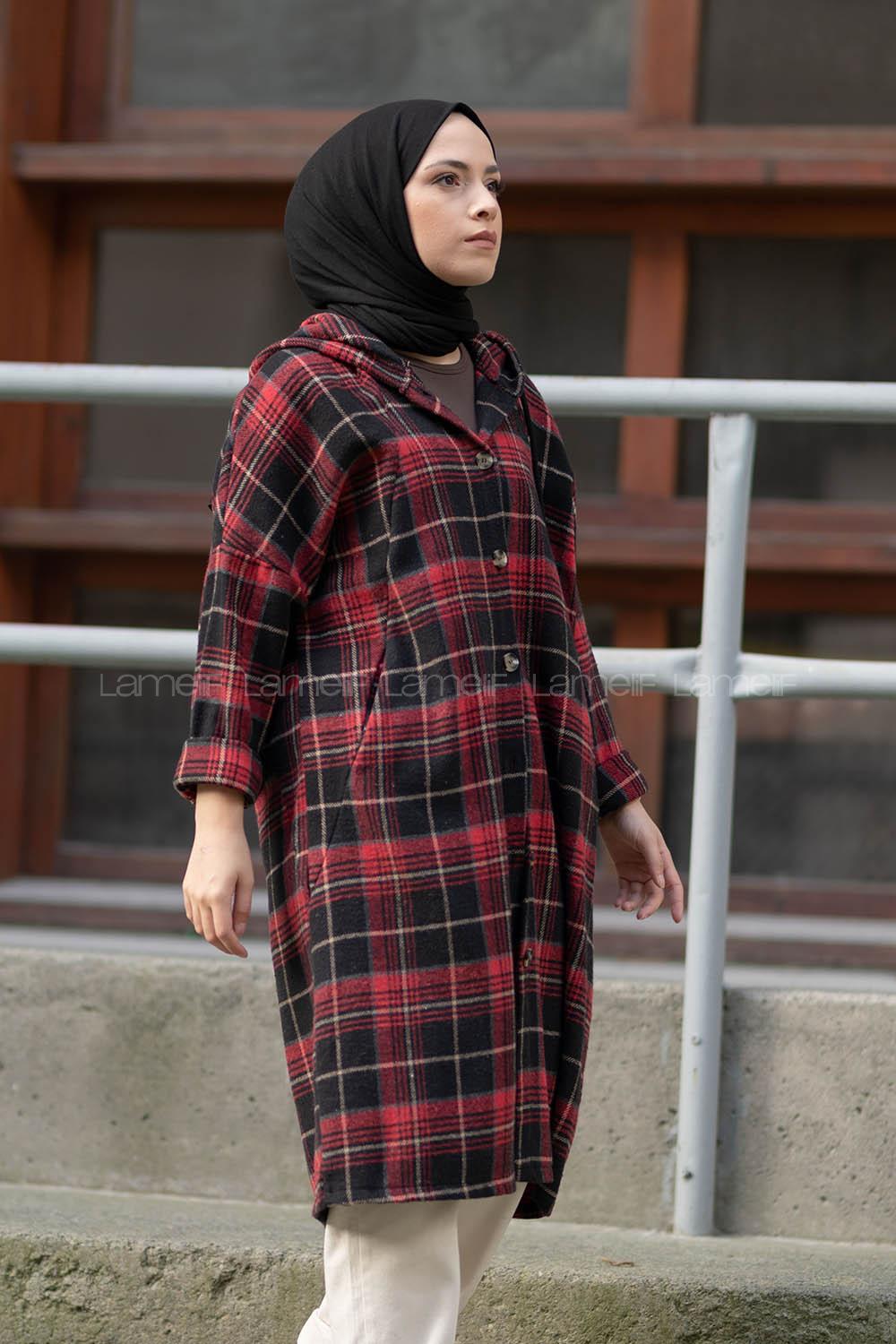 Modalamelif Reglan Kol Kapşonlu Ekose Kap Siyah Kırmızı